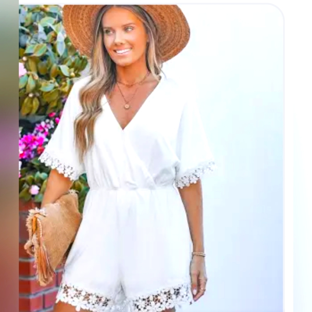 Cupshe White Lace Trim Romper NWT